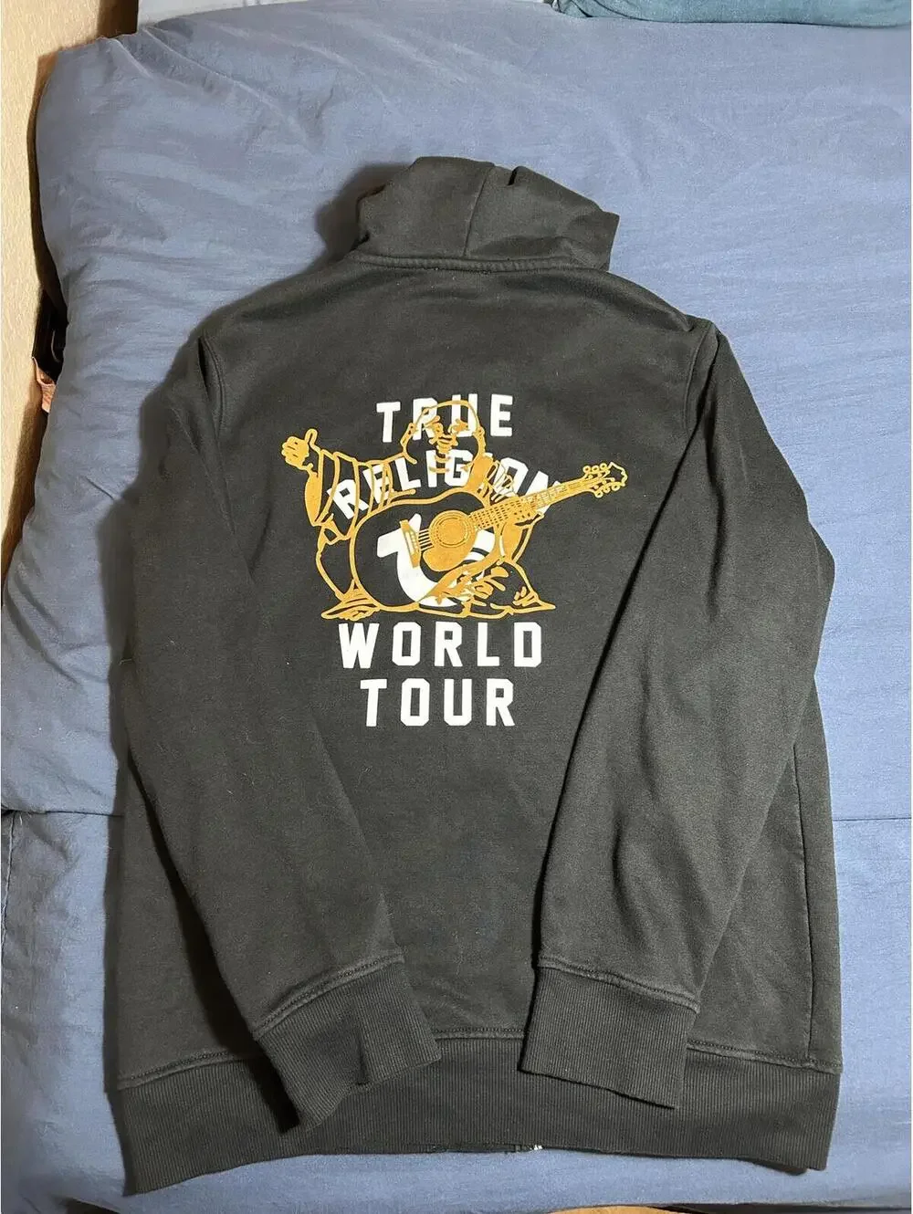 True Religion Black Full Zip Hoodie with World Tour Back Graphic Size M